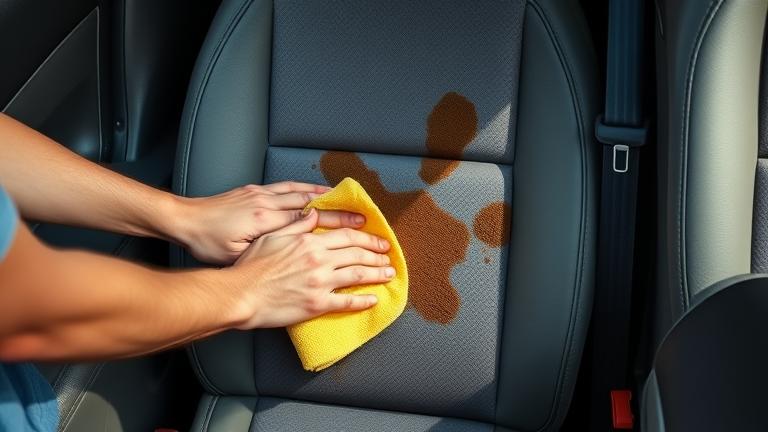 alt_text: Person cleaning a stained car seat with a cloth, showing a tidy interior and cleaning tools.