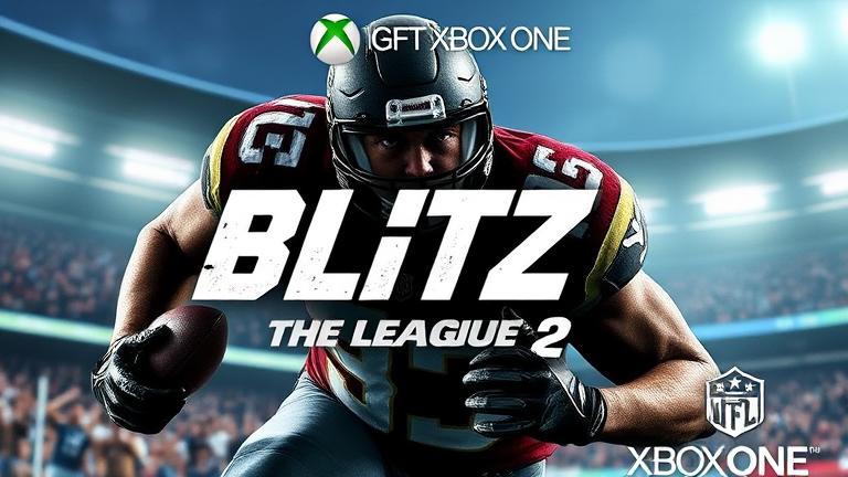 alt_text: Intense football scene with fierce player, Xbox logo, and bold "Blitz: The League 2" title.