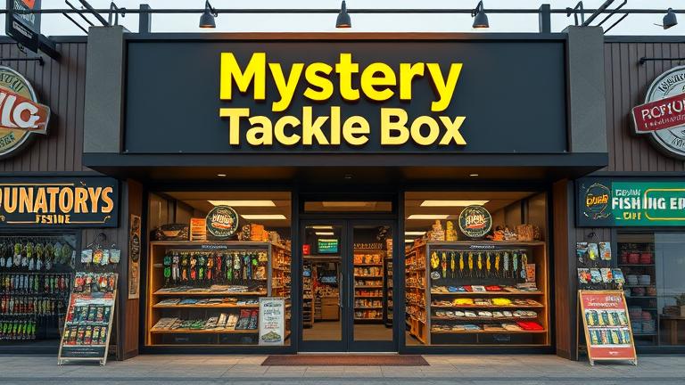 Vibrant retail storefront with Mystery Tackle Box logo, outdoor gear, fishing scenes, hinting at its location.