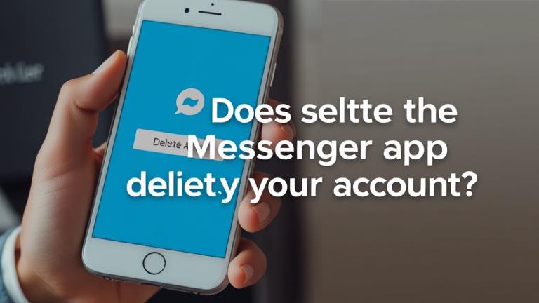 alt_text: Person with phone showing Messenger delete prompt, asking "Does deleting the app delete your account?"
