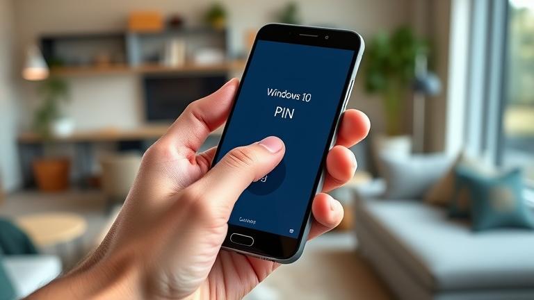 alt_text: Person taps PIN on smartphone with Windows 10 login screen, in modern workspace.