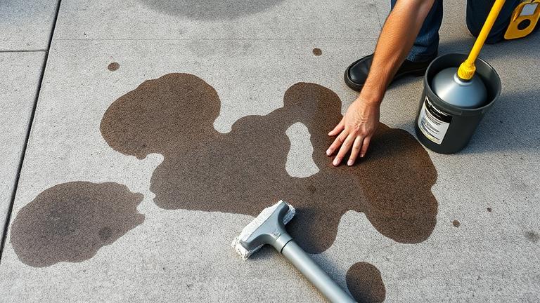 alt_text: DIYer cleaning transmission fluid stain on concrete with rags and cleaning tools.