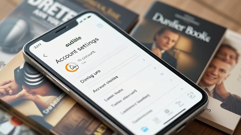Alt_text: Smartphone screen showing Audible Account Settings with delete icon, headphones, and book covers.