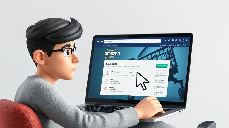 alt_text: Person focused on Amazon Prime on laptop, managing or canceling a purchase.