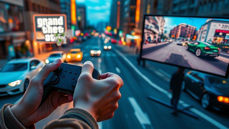 alt_text: Person controlling RC car in GTA-inspired cityscape with screens, lights, and urban vibes.
