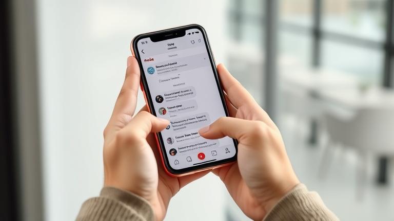 alt_text: Person holding phone with Instagram DMs, privacy icons, modern blurred background, discreet tone.