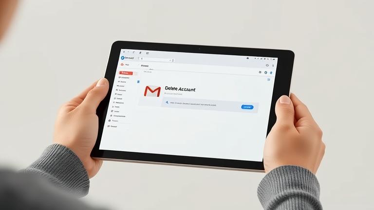 alt_text: Person with tablet open to Gmail, pointing at "Delete Account" in a clean, modern setting.