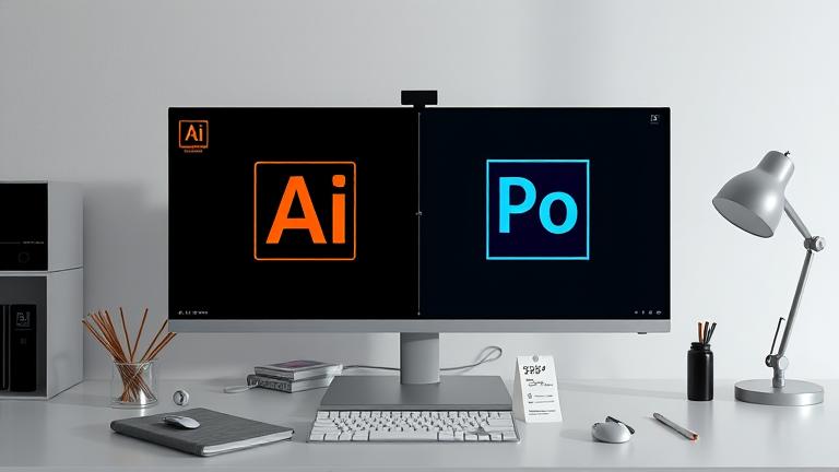 alt_text: Sleek workspace with Adobe interfaces, accessories, digital pricing, and modern creative vibe.