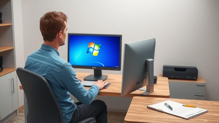 alt_text: Person at modern desk using Windows interface to manually recover product key.