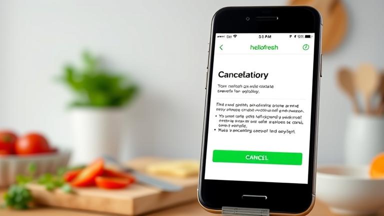 alt_text: Smartphone showing Hellofresh cancel policy with calendar, cancel button, sleek kitchen background.