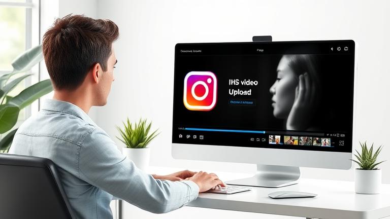 alt_text: Person uploads HD video to Instagram on sleek computer, showing progress and HD previews.