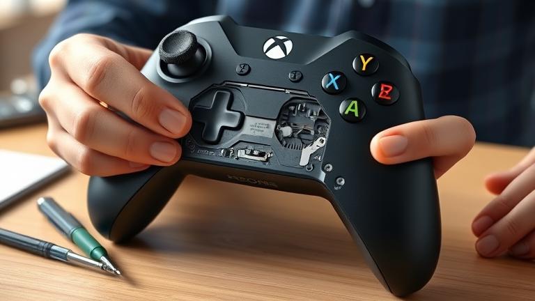 alt_text: Person opening Xbox One controller safely with plastic tools on a well-lit desk.