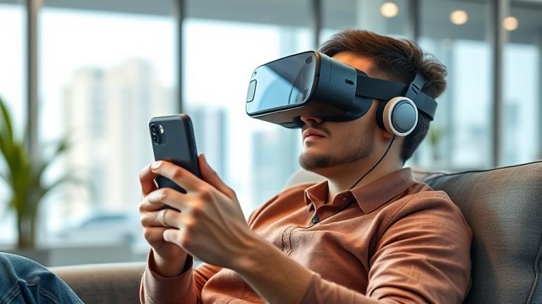 alt_text: Person uses VR headset connected to Android device in a modern, inviting setting.