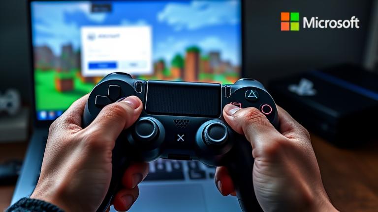 alt_text: Person with PS4 controller, Minecraft on screen, laptop login, logos show Microsoft-PlayStation link.