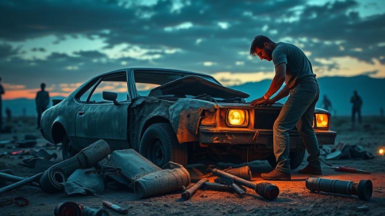 alt_text: Rugged survivor repairs a car amidst zombie wasteland at dusk, showcasing survival skills.