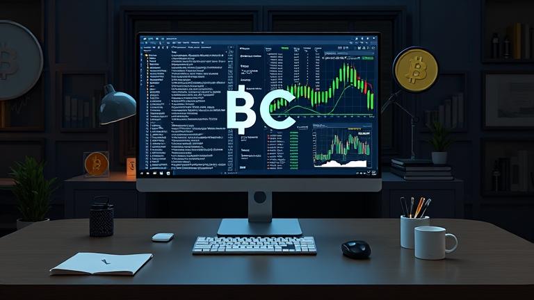 alt_text: Modern workspace with computer showing BC Files, blockchain icons, charts, and tech symbols.
