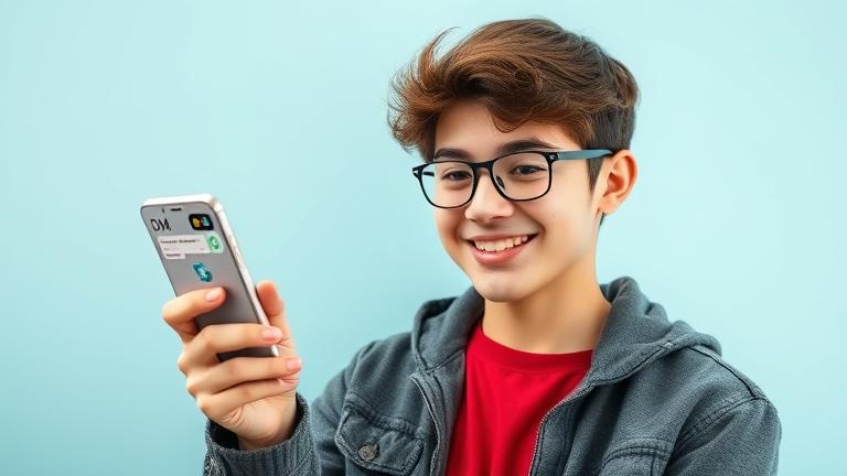 alt_text: Teen confidently checks TikTok DMs on phone with vibrant background and friendly vibe.