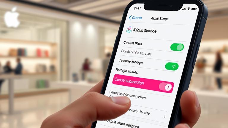 iPhone screen shows iCloud payment cancel options with a person tapping in a sleek Apple-like setting.