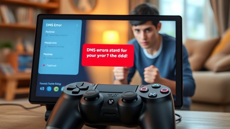 alt_text: PS4 shows a DNS error; worried gamer holding controller in a cozy, vibrant gaming setup.