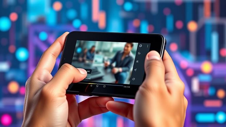 alt_text: Person troubleshoots video quality on Android phone with settings icons, vibrant tech background.