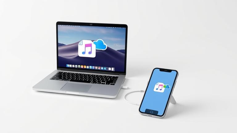 alt_text: Laptop and iPhone wirelessly sharing files with transfer icons and cloud symbols.