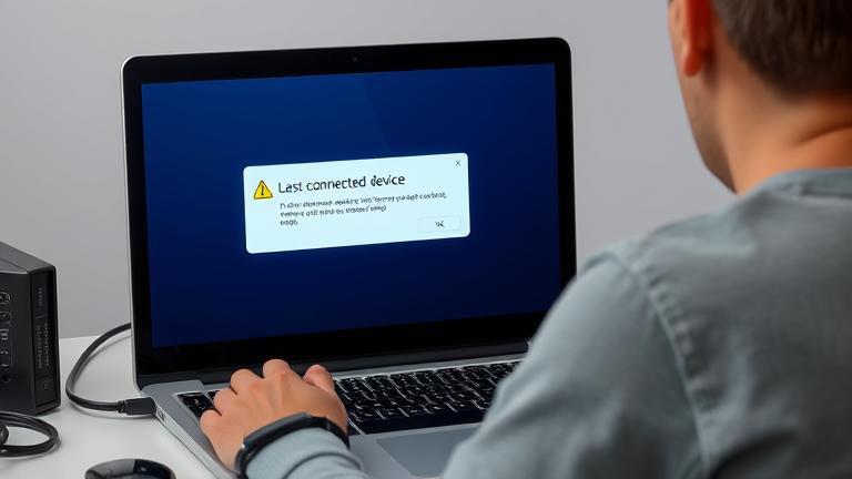 alt_text: Person looks concerned at laptop with error message, warning icons, cables, troubleshooting tools.