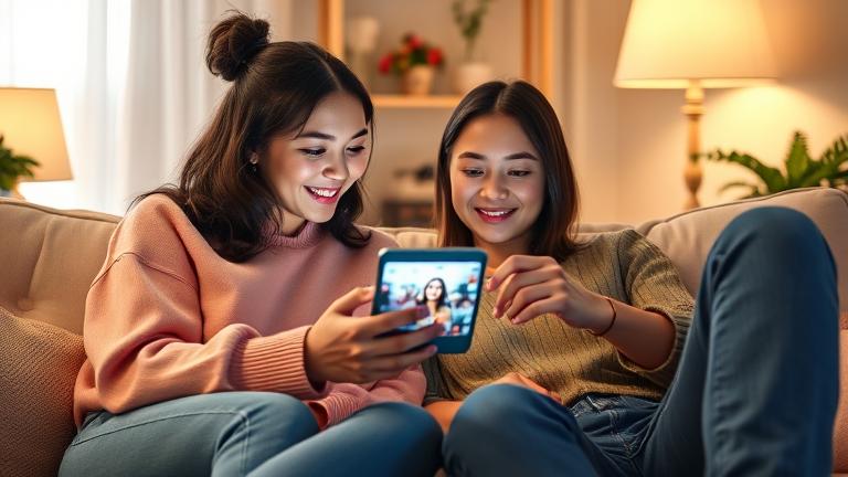 alt_text: Two friends casually watch Instagram content together on a device in a cozy, well-lit setting.