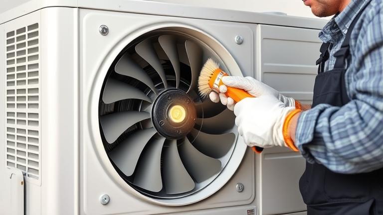 alt_text: Technician safely cleaning an AC blower wheel in a tidy space with gloves and tools.