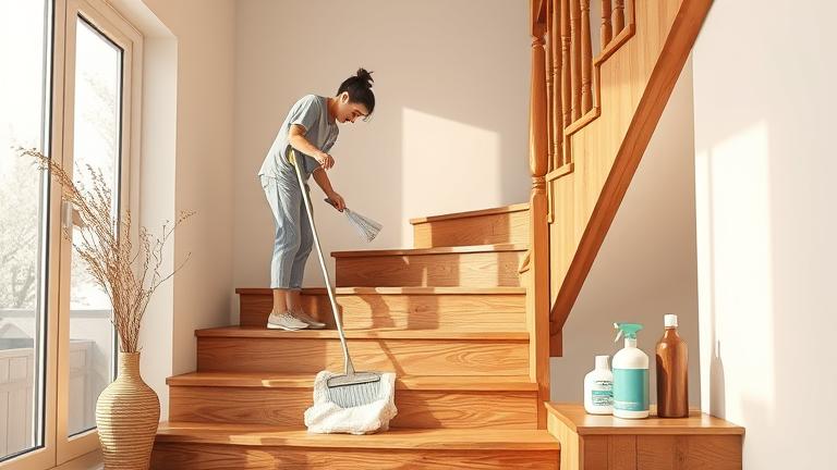alt_text: Person cleaning wooden stairs with soft cloth in a bright, cozy modern home.