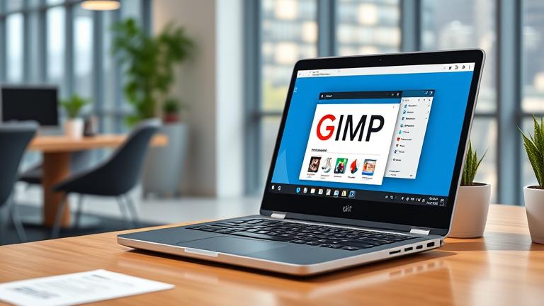 alt_text: Person using Chromebook with GIMP open, showcasing GIMP's compatibility on Chrome OS.