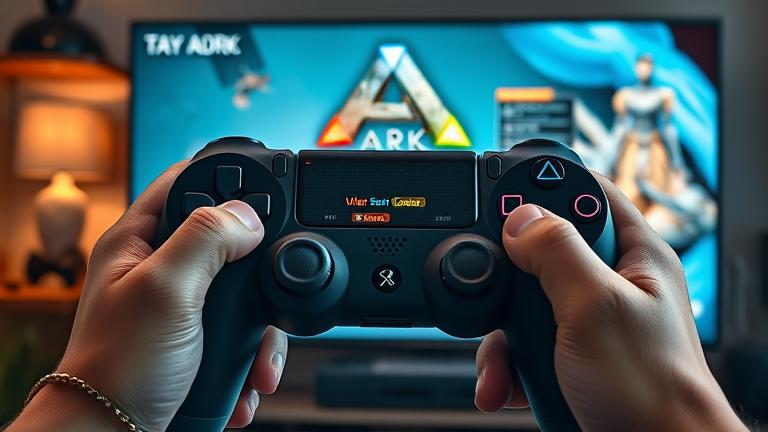 alt_text: PS4 controller held in hands with ARK menu on screen, showing character customization in a cozy gaming setup.