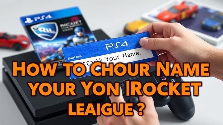 alt_text: PS4 with Rocket League, hand holding a username banner, info on changing your in-game name.