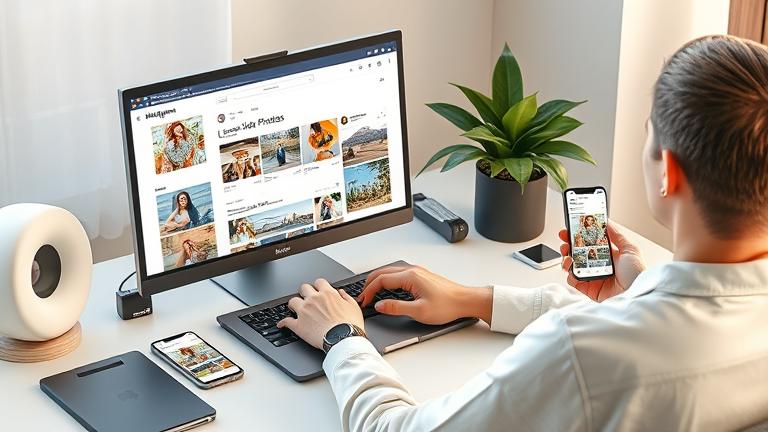 alt_text: Person viewing Instagram liked photos on a laptop and smartphone with a professional setup.