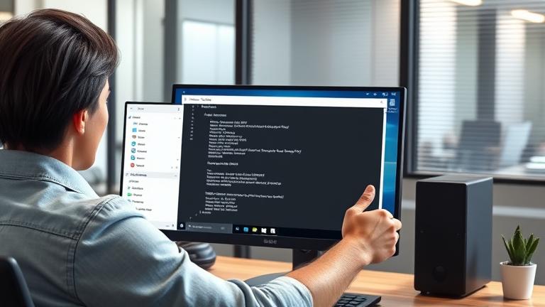 alt_text: Person confidently opens PowerShell on Windows 10 in a modern, professional workspace.