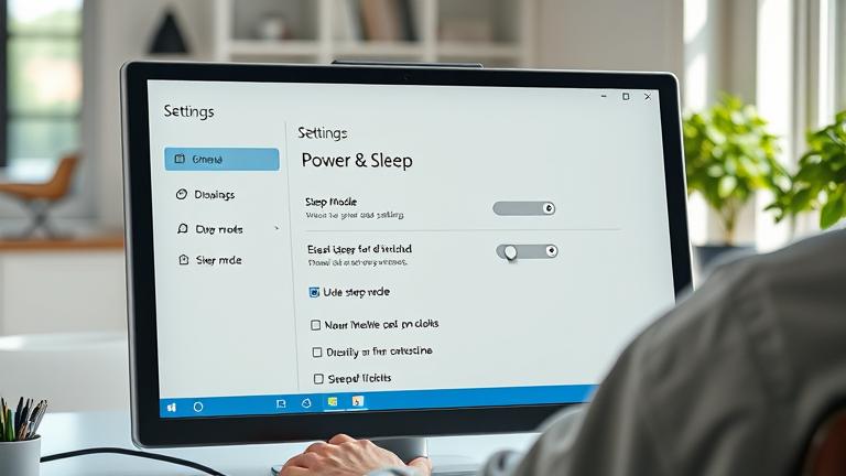 alt_text: Person adjusts Windows 10 sleep settings on a tidy, modern workspace with natural light.
