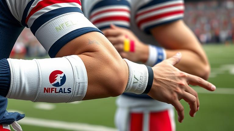 alt_text: Close-up of NFL players' arms showing diverse brand logos on sleeves and wristbands.