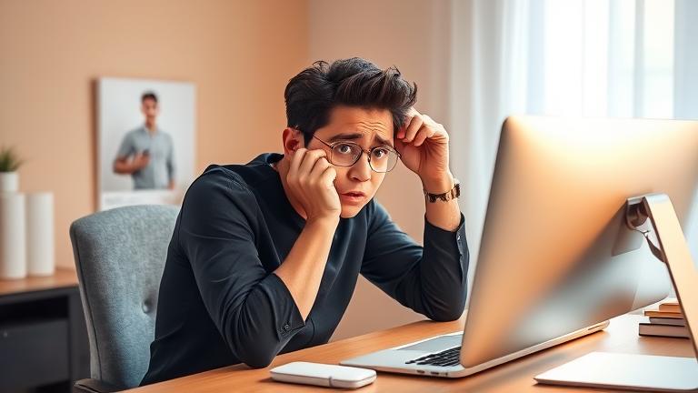 alt_text: Frustrated person at desk with a phone, Bumble interface hints, feeling overwhelmed.