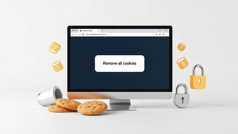A browser with "Remove All Cookies" button, surrounded by padlocks and shields symbolizing privacy.