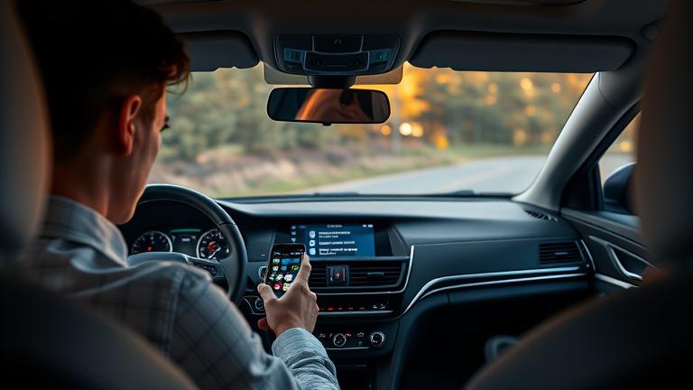 alt_text: Person troubleshooting Bluetooth issues inside a car with tools, dashboard, and a smartphone.