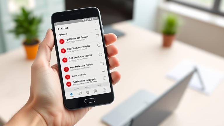 alt_text: Person with Android phone managing emails, displaying bulk delete options in a modern workspace.
