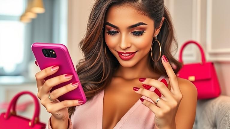 alt_text: Stylish woman browsing Instagram, luxe background, fashion accessories, vibrant, modern vibe.