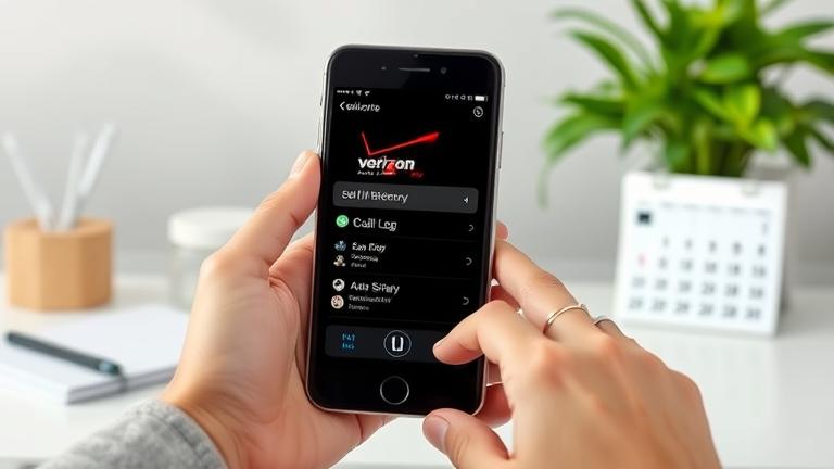 alt_text: Person manages Verizon call log on smartphone with editing icons and calendar in modern setting.