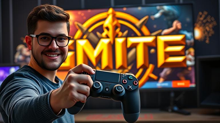 alt_text: Gamer holding PS4 controller with SMITE logo, lively characters, and energetic vibe.