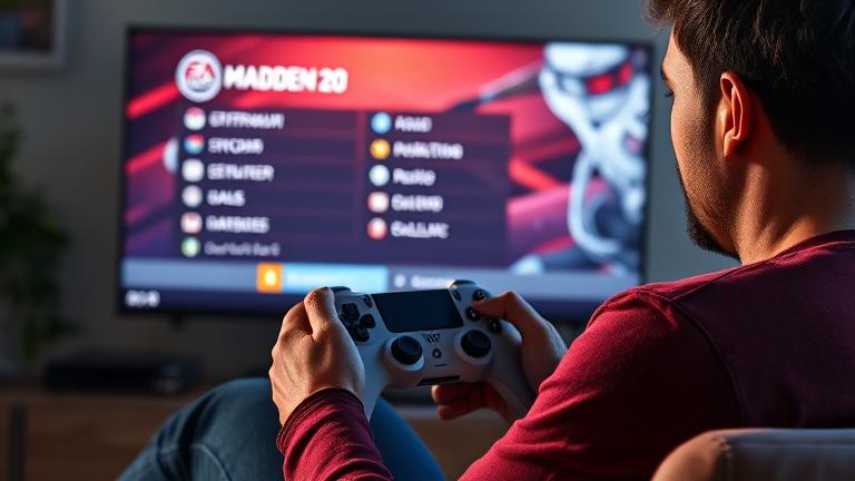 alt_text: Person gaming with Madden 20 menu on TV, managing EA account, vibrant lighting, focused mood.