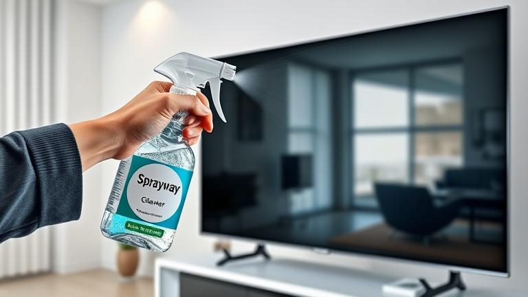 alt_text: Person safely sprays and cleans a TV with Sprayway Glass Cleaner in a modern, bright living room.