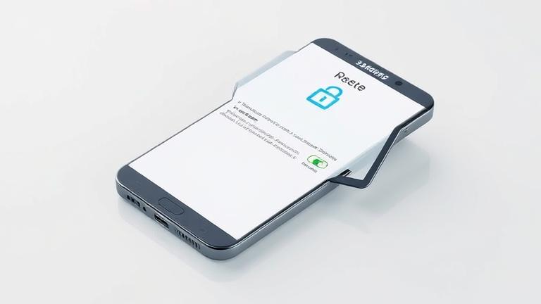 alt_text: Samsung phone with reset screen, trash icon, and lock symbols, symbolizing account deletion.