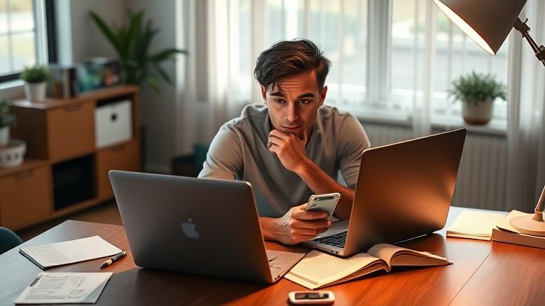alt_text: Young adult at desk exploring friends' past Instagram bios with notes, phone, and warm lighting.