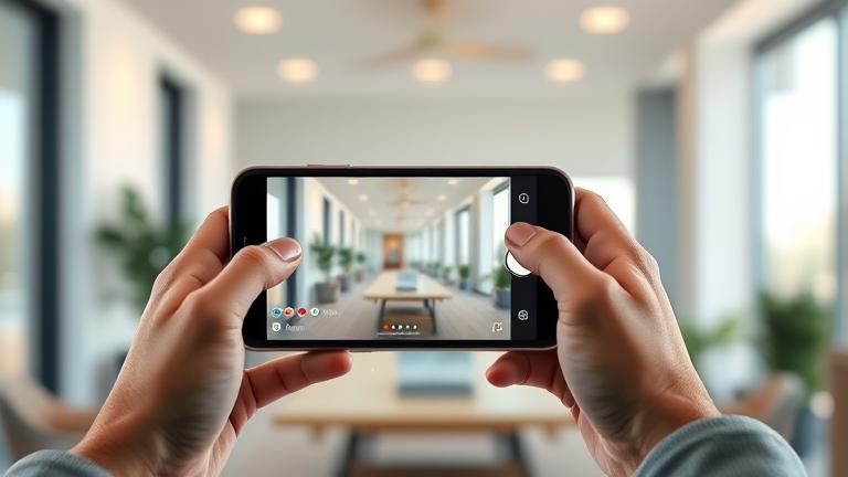 alt_text: Person holding smartphone recording an Instagram Live in a modern, well-lit indoor space.