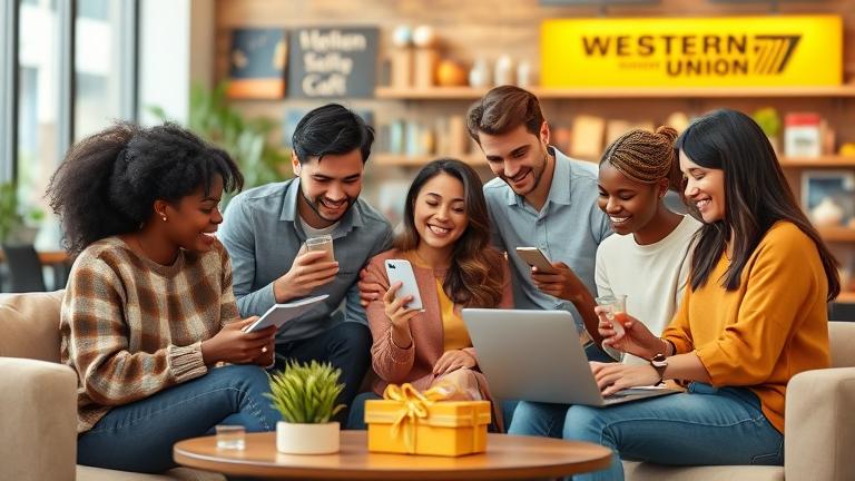 alt_text: Diverse group using Western Union points for travel, gifts, and money transfer in a modern setting.
