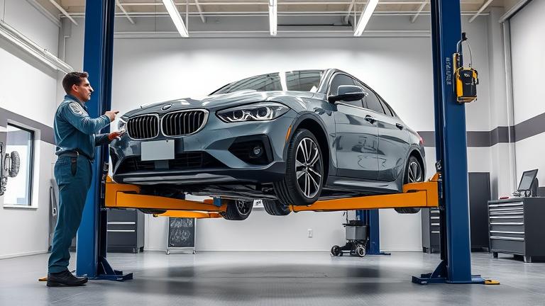 alt_text: Mechanic safely lifts car on two-post lift in a clean, organized auto repair shop.